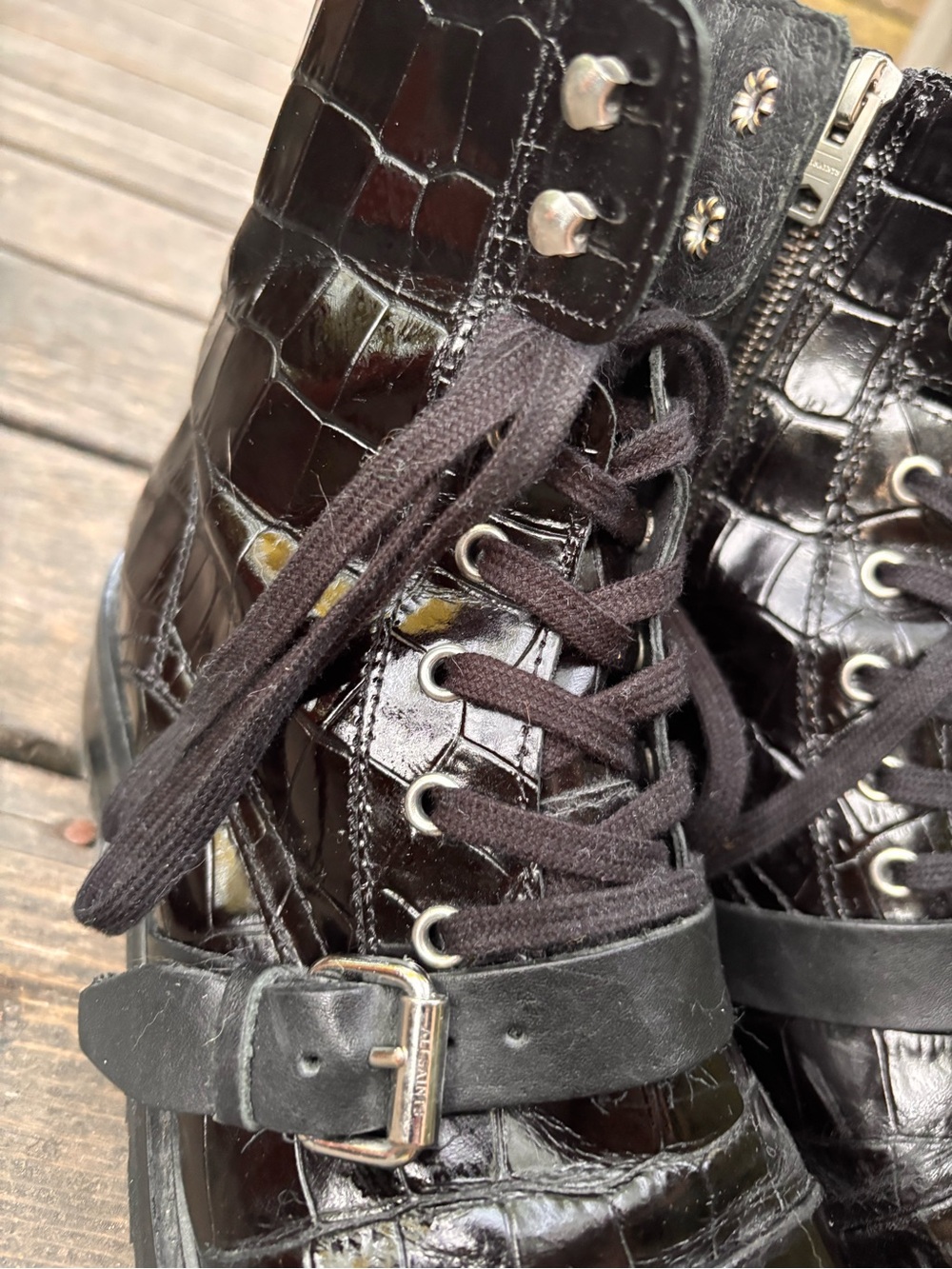 AllSaints Donita Black Crocodile Embossed Leather Combat Boots Size 10 EU 41 - Picture 5 of 12
